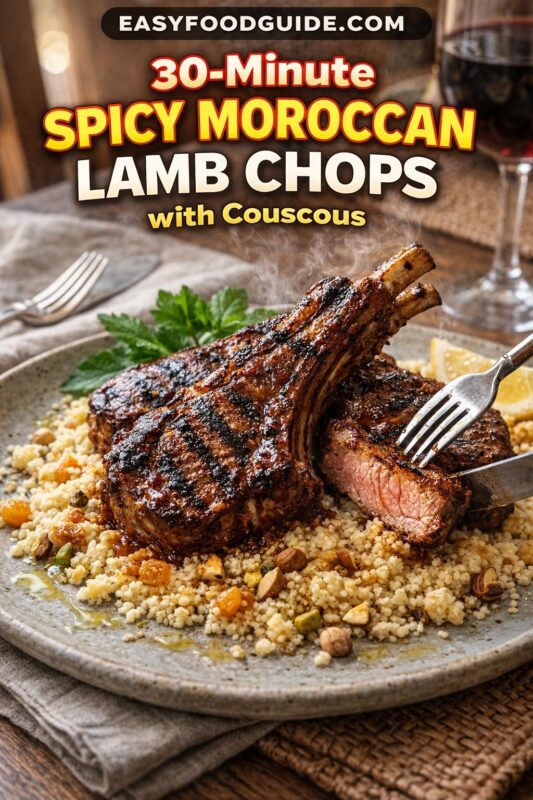 Steaming plate of 30-minute spicy Moroccan lamb chops: grilled, charred exterior, pink interior, served over couscous with nuts and raisins. Fork cuts into meat; mint and lemon garnish. Text: “30-Minute Spicy Moroccan Lamb Chops with Couscous” + EASYFOODGUIDE.COM. Wine glass, rustic table setting.