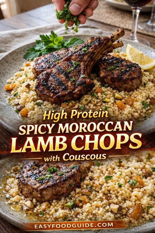 Two images of high-protein spicy Moroccan lamb chops: top shows hand sprinkling herbs over grilled chops on couscous with nuts, raisins, lemon; bottom is close-up of plated dish. Text: “High Protein Spicy Moroccan Lamb Chops with Couscous” + EASYFOODGUIDE.COM. Warm lighting, wine glass in background.
