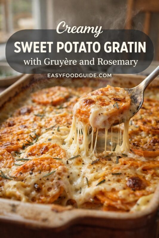 A steaming, golden-brown sweet potato gratin in a ceramic baking dish, topped with melted Gruyère cheese and fresh rosemary sprigs. A serving spoon lifts a cheesy, stretchy portion, showcasing tender orange sweet potato slices layered beneath. Text overlay reads: “Creamy SWEET POTATO GRATIN with Gruyère and Rosemary EASYFOODGUIDE.COM” — elegant white script and bold sans-serif fonts on semi-transparent dark banner. Warm natural light highlights the gooey texture and aromatic herbs.