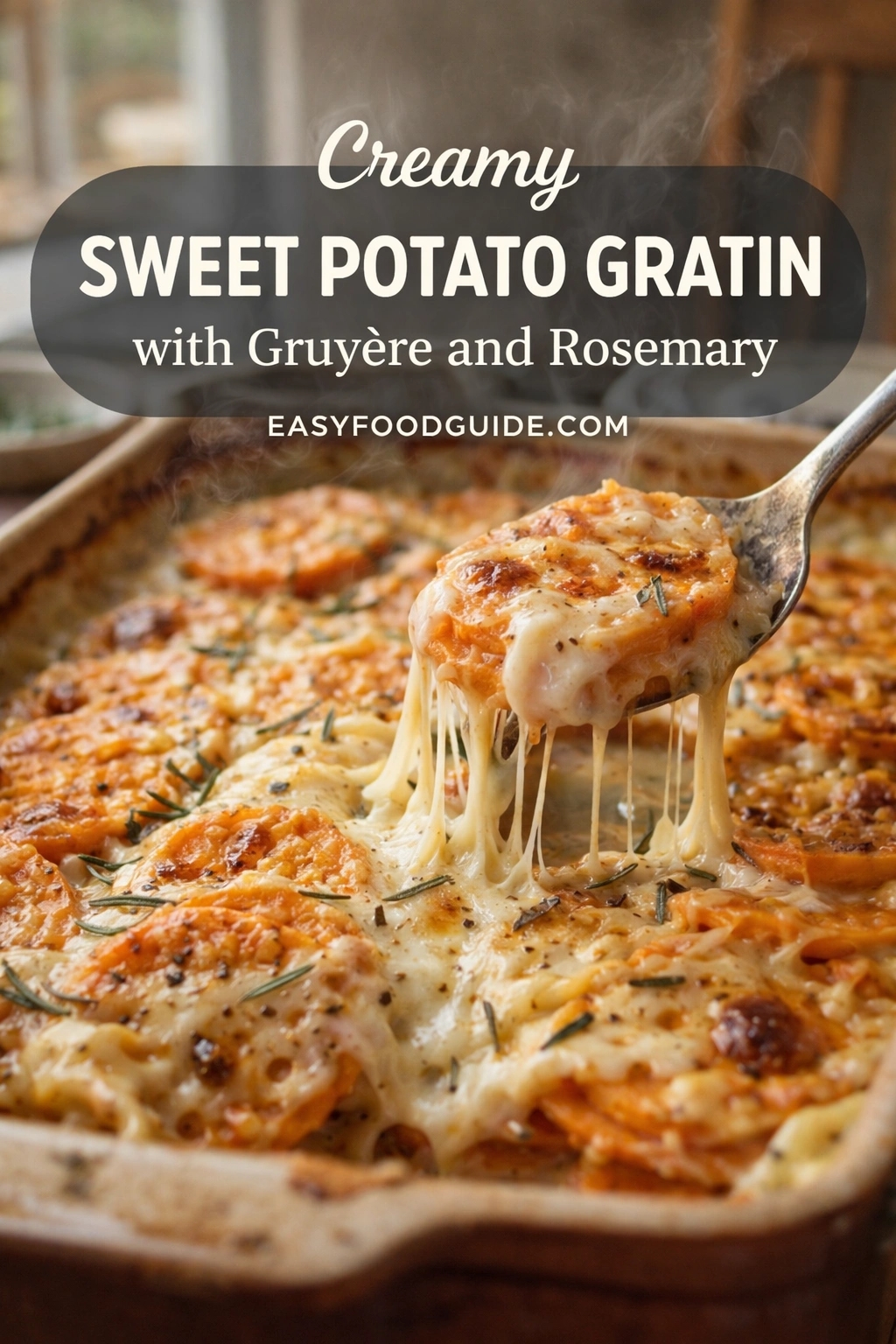 A steaming, golden-brown sweet potato gratin in a ceramic baking dish, topped with melted Gruyère cheese and fresh rosemary sprigs. A serving spoon lifts a cheesy, stretchy portion, showcasing tender orange sweet potato slices layered beneath. Text overlay reads: “Creamy SWEET POTATO GRATIN with Gruyère and Rosemary EASYFOODGUIDE.COM” — elegant white script and bold sans-serif fonts on semi-transparent dark banner. Warm natural light highlights the gooey texture and aromatic herbs.