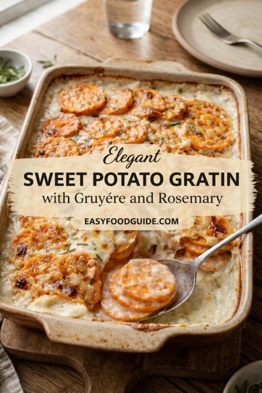 sweet-potato-gratin-gruyere-rosemary-2 An elegant sweet potato gratin in a rustic ceramic baking dish, resting on a wooden board. Thinly sliced orange sweet potatoes are layered in creamy sauce, topped with melted Gruyère and fresh rosemary; golden-brown edges glisten under soft light. A serving spoon lifts a portion, revealing tender layers. Text overlay: “Elegant SWEET POTATO GRATIN with Gruyère and Rosemary EASYFOODGUIDE.COM” — black serif font on parchment-style banner. Background includes plate, fork, water glass, and small herb bowl — warm, inviting table setting.