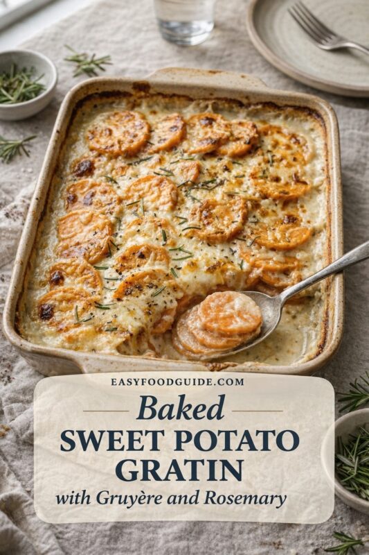 sweet-potato-gratin-gruyere-rosemary-3 A baked sweet potato gratin in a rustic ceramic dish, topped with melted Gruyère cheese, golden-brown edges, and fresh rosemary sprigs. A serving spoon lifts layered orange slices from the creamy base. Text overlay reads: “EASYFOODGUIDE.COM Baked SWEET POTATO GRATIN with Gruyère and Rosemary” — navy serif font on parchment-style banner at bottom. Surrounding elements include small bowls of rosemary, linen napkin, plate with fork, and water glass — all set on textured gray cloth under soft natural light.
