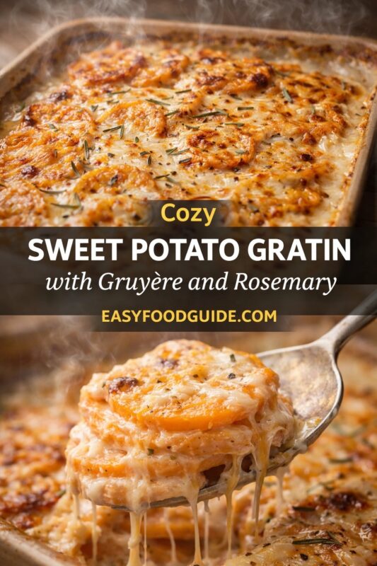 sweet-potato-gratin-gruyere-rosemary-4 A steaming, golden-brown sweet potato gratin in a ceramic baking dish, topped with melted Gruyère cheese and fresh rosemary. A spoon lifts a cheesy, layered portion — strings of gooey cheese stretch downward. Text overlay reads: “Cozy SWEET POTATO GRATIN with Gruyère and Rosemary EASYFOODGUIDE.COM” — yellow script, bold white sans-serif, and smaller yellow font on dark semi-transparent banner across center. Warm lighting enhances the cozy, comforting appeal of the dish.