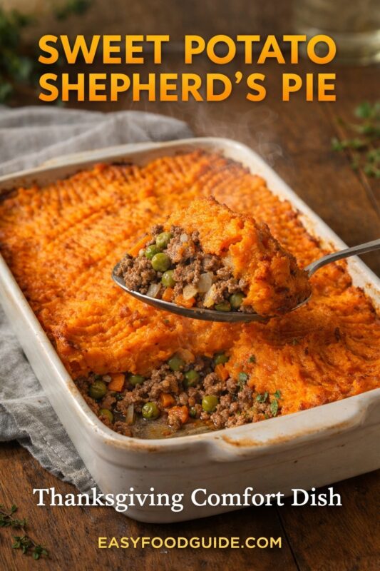 Sweet potato shepherd’s pie in white ceramic dish: spoon lifts steaming portion showing ground beef, peas, carrots under vibrant orange mash. Text: “Sweet Potato Shepherd’s Pie – Thanksgiving Comfort Dish” + EASYFOODGUIDE.COM. Rustic wood table, gray linen, fresh thyme — warm, festive, comforting holiday side or main.