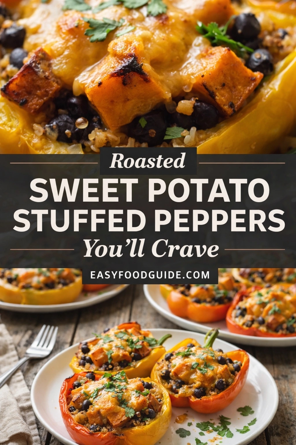 Roasted sweet potato stuffed peppers — vibrant yellow and orange bell peppers filled with quinoa, black beans, roasted sweet potato cubes, melted cheese, and fresh cilantro. Top: close-up of gooey, caramelized filling. Bottom: plated servings on rustic wood table with fork and napkin. Text: “Roasted SWEET POTATO STUFFED PEPPERS You’ll Crave” + “EASYFOODGUIDE.COM”. Wholesome, colorful, crave-worthy vegetarian dish.