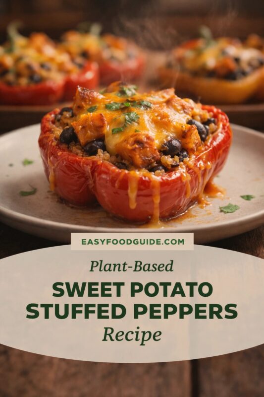 Steaming red bell pepper stuffed with quinoa, black beans, roasted sweet potato, and melted cheese, garnished with fresh herbs. Served on a rustic plate; more peppers blurred in background. Text overlay: “EASYFOODGUIDE.COM — Plant-Based SWEET POTATO STUFFED PEPPERS Recipe”. Warm, hearty, vegan-friendly comfort meal.
