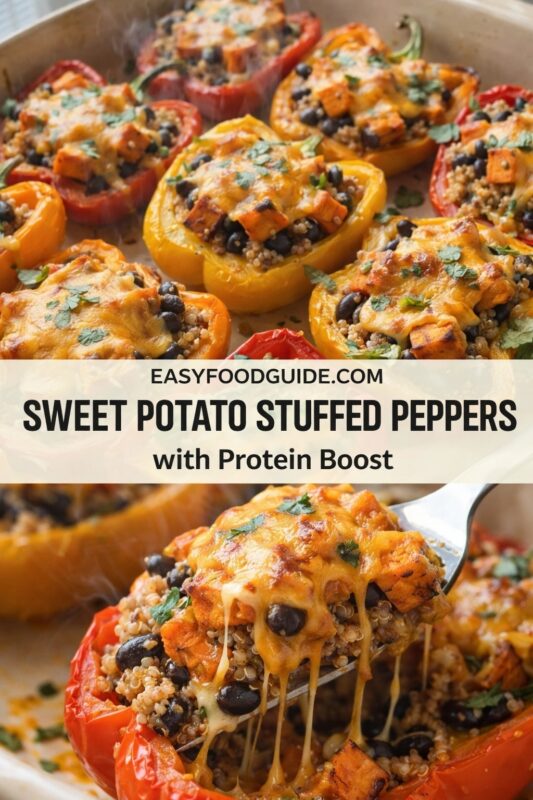 Colorful bell peppers (red, yellow, orange) stuffed with quinoa, black beans, roasted sweet potato, and melted cheese, garnished with fresh herbs. Top: baked in a dish, steaming. Bottom: spoon lifting gooey, cheesy filling from a red pepper. Text: “EASYFOODGUIDE.COM — SWEET POTATO STUFFED PEPPERS with Protein Boost”. Hearty, nutritious, plant-powered meal with stretchy cheese appeal.