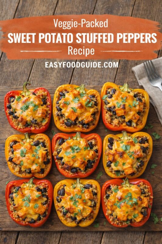 Nine colorful bell peppers (red, orange, yellow) arranged in a 3x3 grid on rustic wood, each stuffed with quinoa, black beans, roasted sweet potato cubes, melted cheese, and fresh cilantro. Text overlay: “Veggie-Packed SWEET POTATO STUFFED PEPPERS Recipe” + “EASYFOODGUIDE.COM”. Fork and napkin at top right. Vibrant, wholesome, plant-based meal ready to serve.