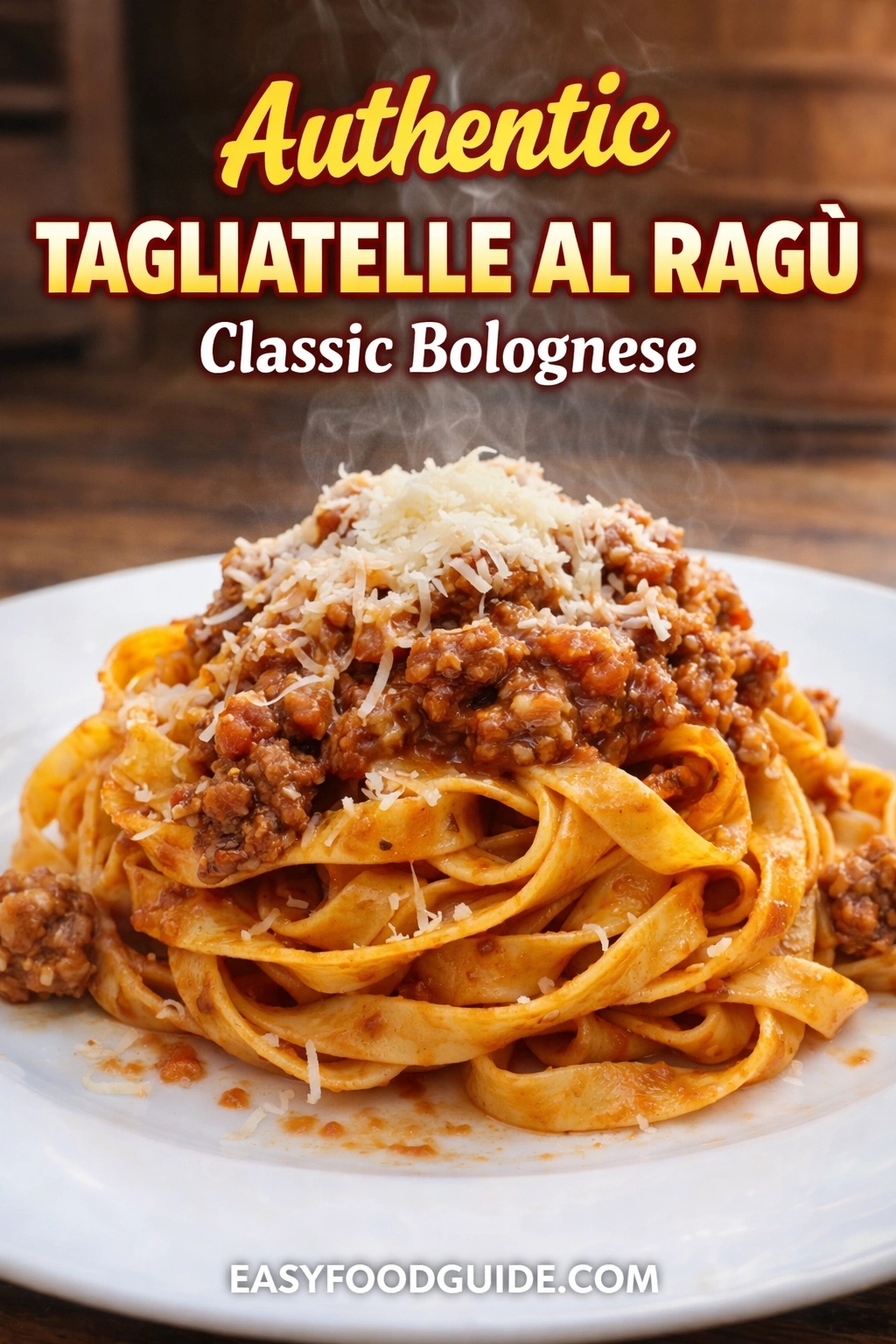 Steaming plate of authentic tagliatelle al ragù: wide egg noodles topped with rich meat sauce and grated Parmesan. Text: “Authentic Tagliatelle Al Ragù – Classic Bolognese” + EASYFOODGUIDE.COM. White plate, rustic wood background, steam rising.