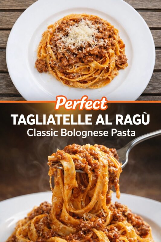 Two images of perfect tagliatelle al ragù: top shows plated pasta with meat sauce and Parmesan; bottom features fork lifting steaming, saucy noodles. Text: “Perfect Tagliatelle Al Ragù – Classic Bolognese Pasta.” White plate, rustic wood background, rich texture and steam visible.