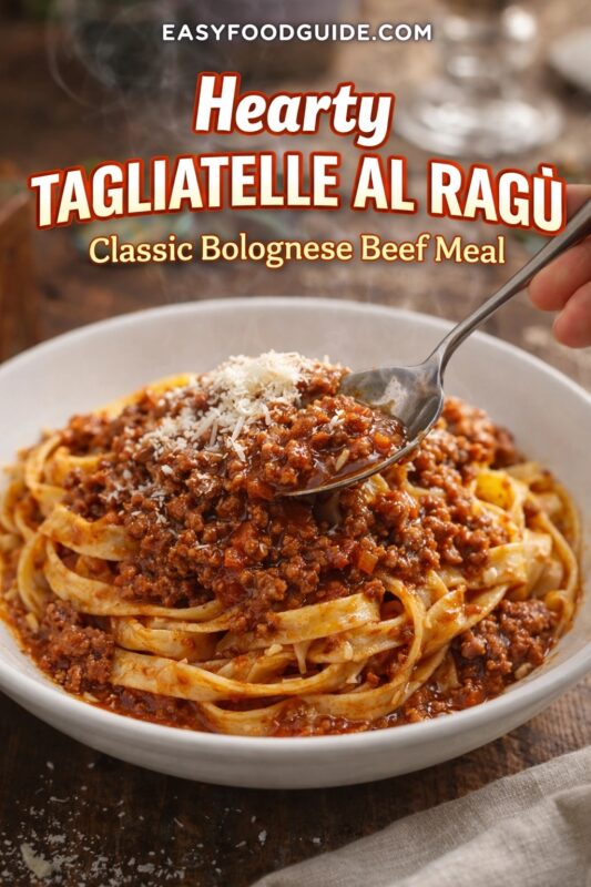 Steaming bowl of hearty tagliatelle al ragù: wide pasta smothered in rich beef Bolognese sauce, topped with grated Parmesan. A spoon lifts a saucy bite. Text: “Hearty Tagliatelle Al Ragù – Classic Bolognese Beef Meal” + EASYFOODGUIDE.COM. Rustic wood table, linen napkin nearby.