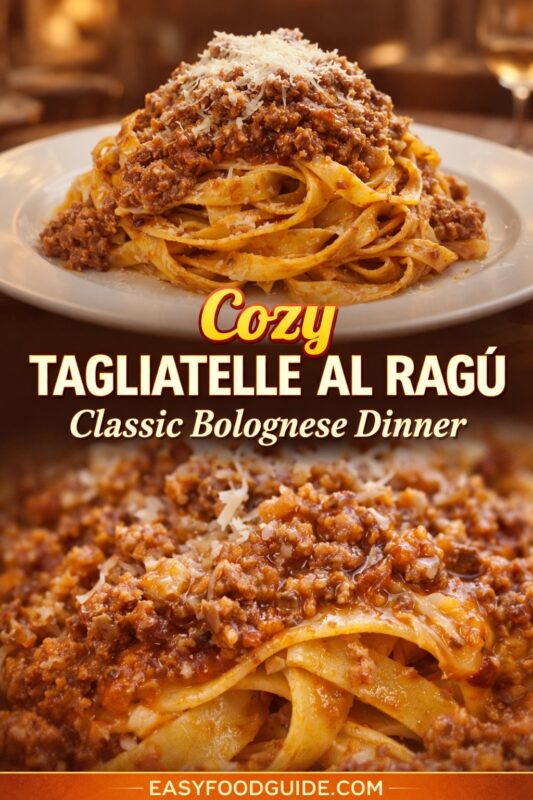 Two images of cozy tagliatelle al ragù: top shows a mound of pasta with meat sauce and cheese on a white plate; bottom is a close-up of the rich, textured ragù. Text: “Cozy Tagliatelle Al Ragù – Classic Bolognese Dinner” + EASYFOODGUIDE.COM. Warm, inviting lighting.