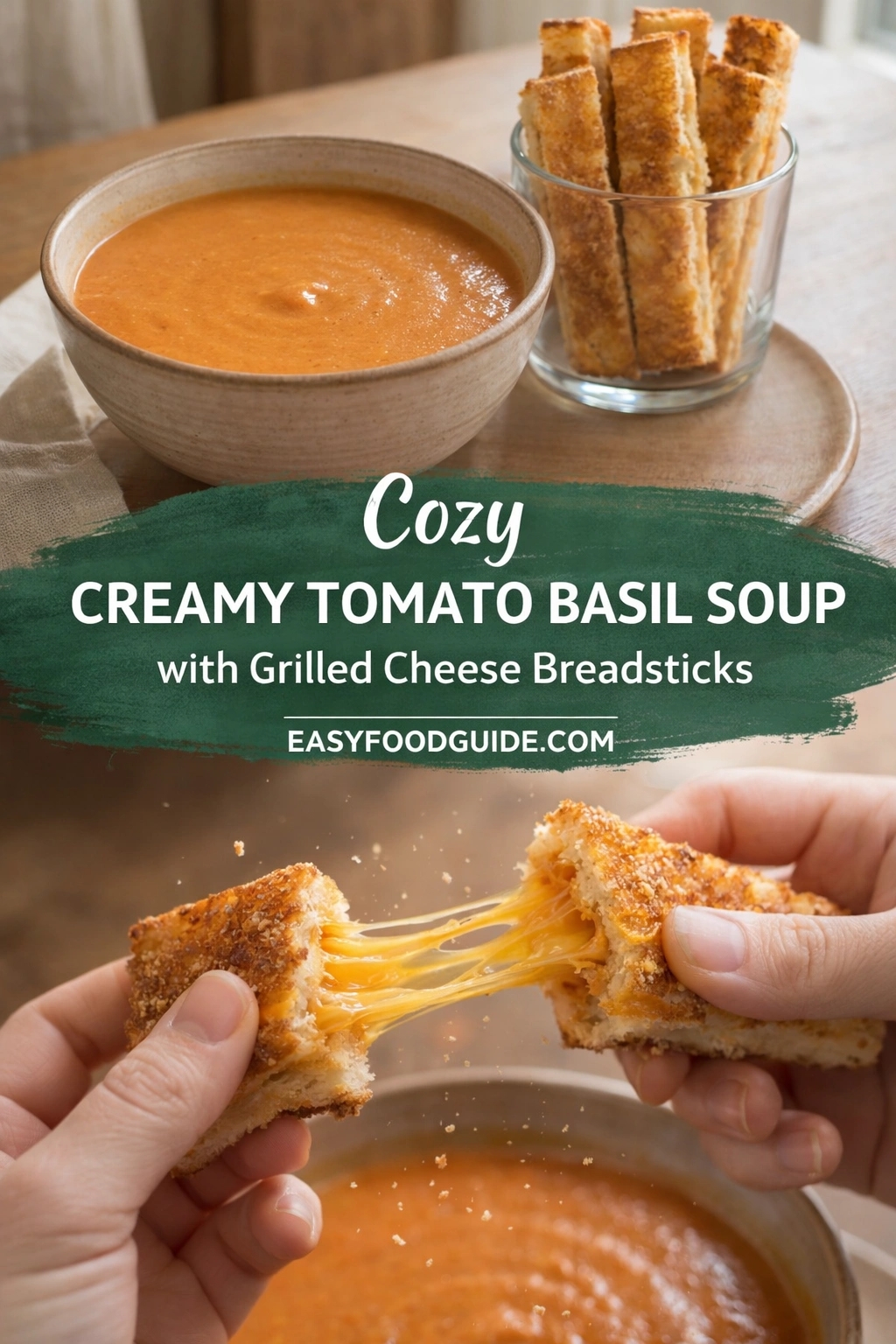 Split-image food graphic: Top shows a bowl of creamy tomato basil soup beside a glass of grilled cheese breadsticks on a wooden tray. Bottom features hands pulling apart a gooey, cheesy breadstick over the soup, with melted cheese stretching dramatically. Text overlay on green brushstroke banner reads: “Cozy CREAMY TOMATO BASIL SOUP with Grilled Cheese Breadsticks EASYFOODGUIDE.COM” — white script and sans-serif fonts. Warm lighting enhances comfort-food appeal; crumbs float mid-air for dynamic texture.