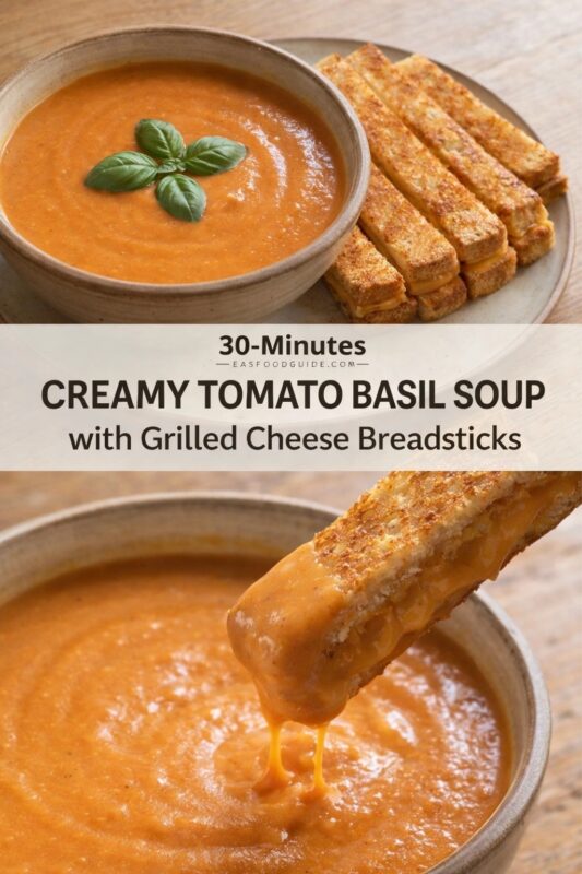 tomato-basil-soup-grilled-breadsticks-3 Split-image food graphic: Top shows a rustic bowl of creamy tomato basil soup, garnished with fresh basil leaves, beside golden grilled cheese breadsticks on a ceramic plate. Bottom features a breadstick being dipped into the soup — melted cheese stretches enticingly from the bite. Text overlay reads: “30-Minutes EASYFOODGUIDE.COM CREAMY TOMATO BASIL SOUP with Grilled Cheese Breadsticks” — bold black sans-serif font on semi-transparent white banner across center. Warm wooden background enhances cozy, quick-comfort-food appeal; textures highlight gooey cheese and velvety soup.