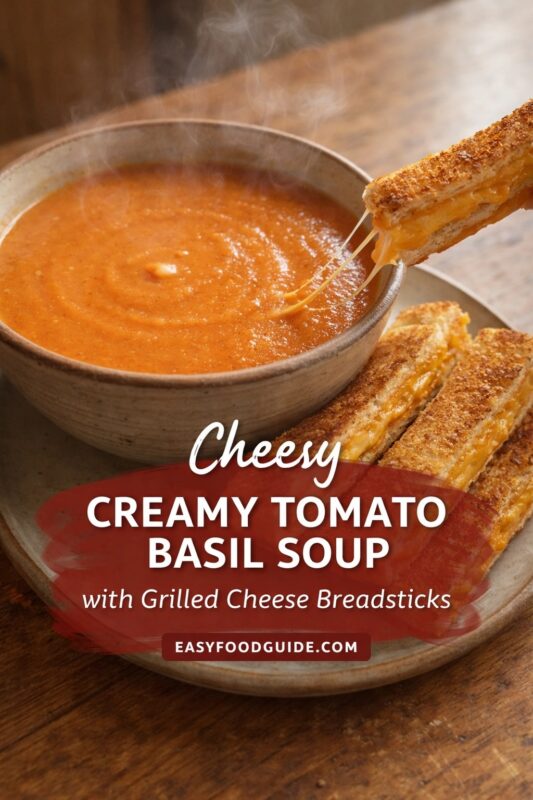 tomato-basil-soup-grilled-breadsticks-4 A steaming bowl of creamy tomato basil soup sits on a rustic ceramic plate, with golden grilled cheese breadsticks beside it — one being lifted, stretching melted cheese into the soup. Steam rises invitingly from the vibrant orange-red broth. Text overlay reads: “Cheesy CREAMY TOMATO BASIL SOUP with Grilled Cheese Breadsticks EASYFOODGUIDE.COM” — white script and bold sans-serif fonts over red brushstroke banner. Warm wooden table enhances cozy, indulgent comfort-food appeal; textures highlight gooey cheese and velvety soup.