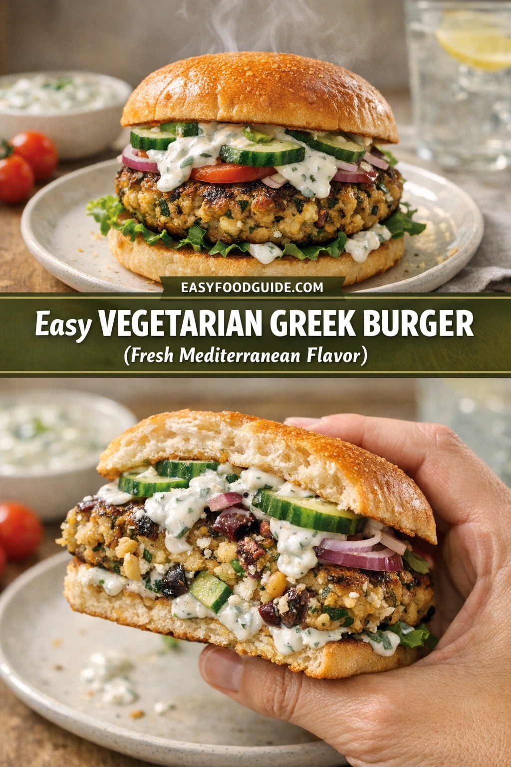 Top: Steaming vegetarian Greek burger on sesame bun — chickpea patty, lettuce, tomato, cucumber, red onion, and creamy tzatziki sauce. Bottom: Hand holds half-burger revealing interior with olives, herbs, and feta. Background: bowl of tzatziki, cherry tomatoes, lemon water. Text overlay: “EASYFOODGUIDE.COM” above “Easy VEGETARIAN GREEK BURGER (Fresh Mediterranean Flavor)” on green banner. Bright, fresh, handheld appeal.