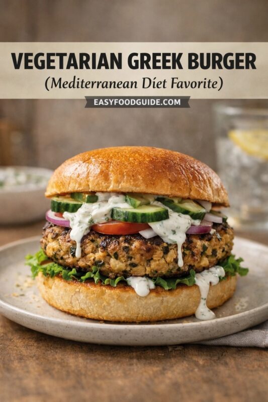 vegetarian-greek-burger-2 Vegetarian Greek burger on a golden bun — textured chickpea patty topped with crisp lettuce, tomato, red onion, cucumber slices, and drizzled tzatziki sauce. Served on speckled plate over rustic wood; blurred background shows bowl of sauce and lemon water. Text overlay: “VEGETARIAN GREEK BURGER (Mediterranean Diet Favorite)” + “EASYFOODGUIDE.COM” in bold black on beige banner at top. Fresh, hearty, plant-based Mediterranean flavor highlighted.
