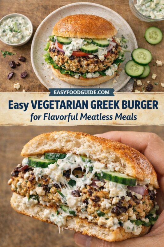 vegetarian-greek-burger-3 Top: Whole vegetarian Greek burger on rustic plate — chickpea patty, lettuce, tomato, cucumber, red onion, feta, and tzatziki; surrounded by sauce bowl, olives, cucumbers. Bottom: Hand holds half-burger revealing juicy interior with crumbled feta, herbs, and creamy dressing oozing out. Text overlay: “EASYFOODGUIDE.COM” above “Easy VEGETARIAN GREEK BURGER for Flavorful Meatless Meals” in navy on parchment banner. Warm wood background; vibrant, textured, satisfying plant-based meal.