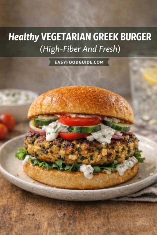 vegetarian-greek-burger-4 Steaming vegetarian Greek burger on a golden bun — chickpea-herb patty topped with crisp lettuce, tomato, cucumber, red onion, and creamy tzatziki sauce. Served on speckled plate over rustic wood; blurred background shows bowl of sauce, cherry tomatoes, lemon water. Text overlay: “Healthy VEGETARIAN GREEK BURGER (High-Fiber And Fresh)” + “EASYFOODGUIDE.COM” in white on dark banner at top. Fresh, wholesome, plant-based Mediterranean meal with visible steam suggesting warmth and freshness.