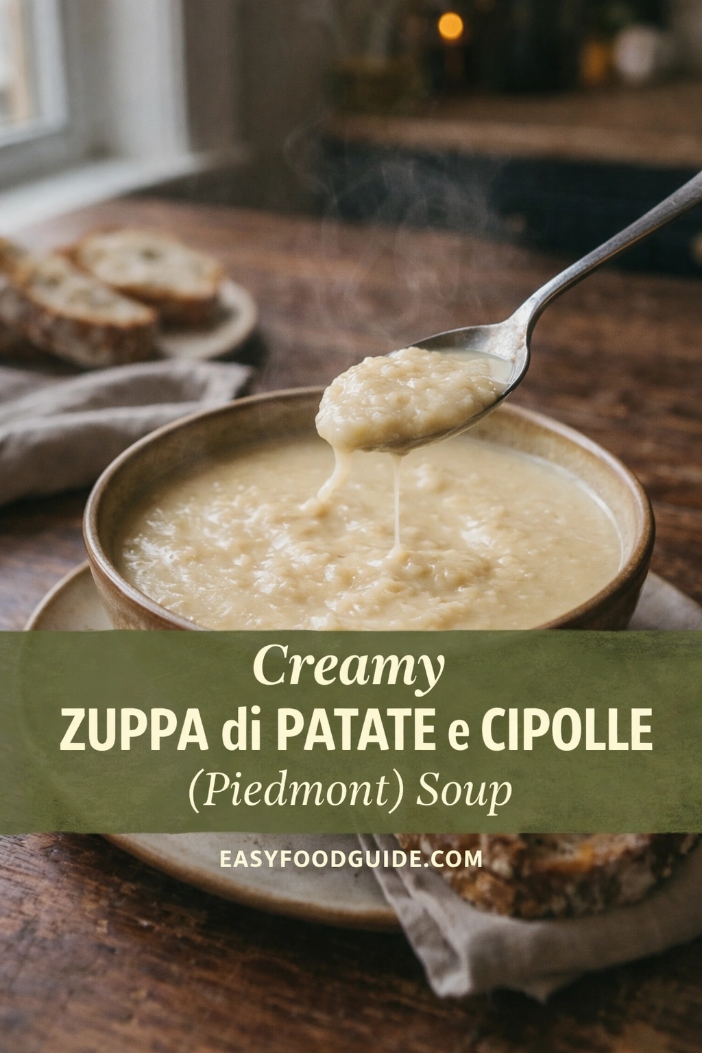 This image from EASYFOODGUIDE.COM showcases “Creamy ZUPPA di PATATE e CIPOLLE (Piedmont) Soup.” A steaming bowl of thick, pale potato-onion soup sits on rustic wood; a spoon lifts creamy broth with visible strands. Sliced bread rests nearby on linen napkin. Warm window light and soft background evoke cozy Italian comfort food — simple, hearty, regional.