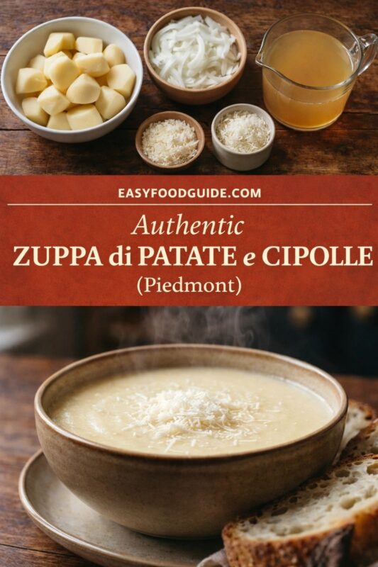 zuppa-di-patate-e-cipolle-2 This image from EASYFOODGUIDE.COM presents “Authentic ZUPPA di PATATE e CIPOLLE (Piedmont).” Top: ingredients laid out — diced potatoes, sliced onions, broth, and grated cheese in bowls. Bottom: steaming bowl of creamy soup topped with shredded cheese, beside crusty bread on rustic wood. Warm tones highlight traditional Italian comfort food simplicity.