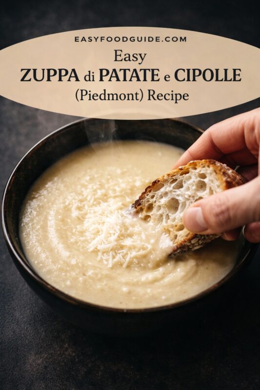 zuppa-di-patate-e-cipolle-3 This image from EASYFOODGUIDE.COM features “Easy ZUPPA di PATATE e CIPOLLE (Piedmont) Recipe.” A hand dips crusty artisan bread into a steaming bowl of creamy potato-onion soup, topped with shredded cheese. Dark rustic background highlights the warm, comforting texture and steam rising — evoking simple, authentic Italian home cooking.